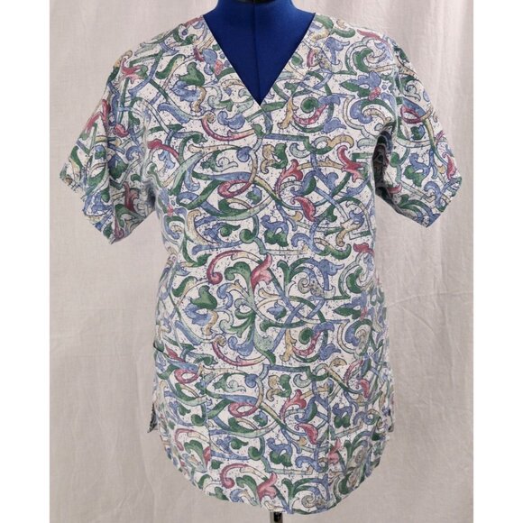 Dilly Uniform by Lintex Tops - Dilly Uniform Scrub Top Women XL Blue Multicolor Vines Uniform Medical Shirt VTG
